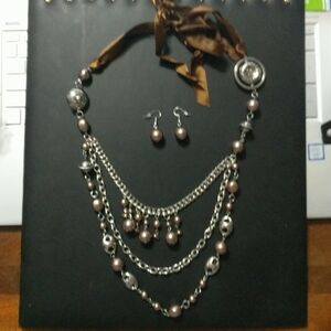 Silver Tone Chocolate Brown Multi Strand Layered Beaded Ribbon Tie Statement Set